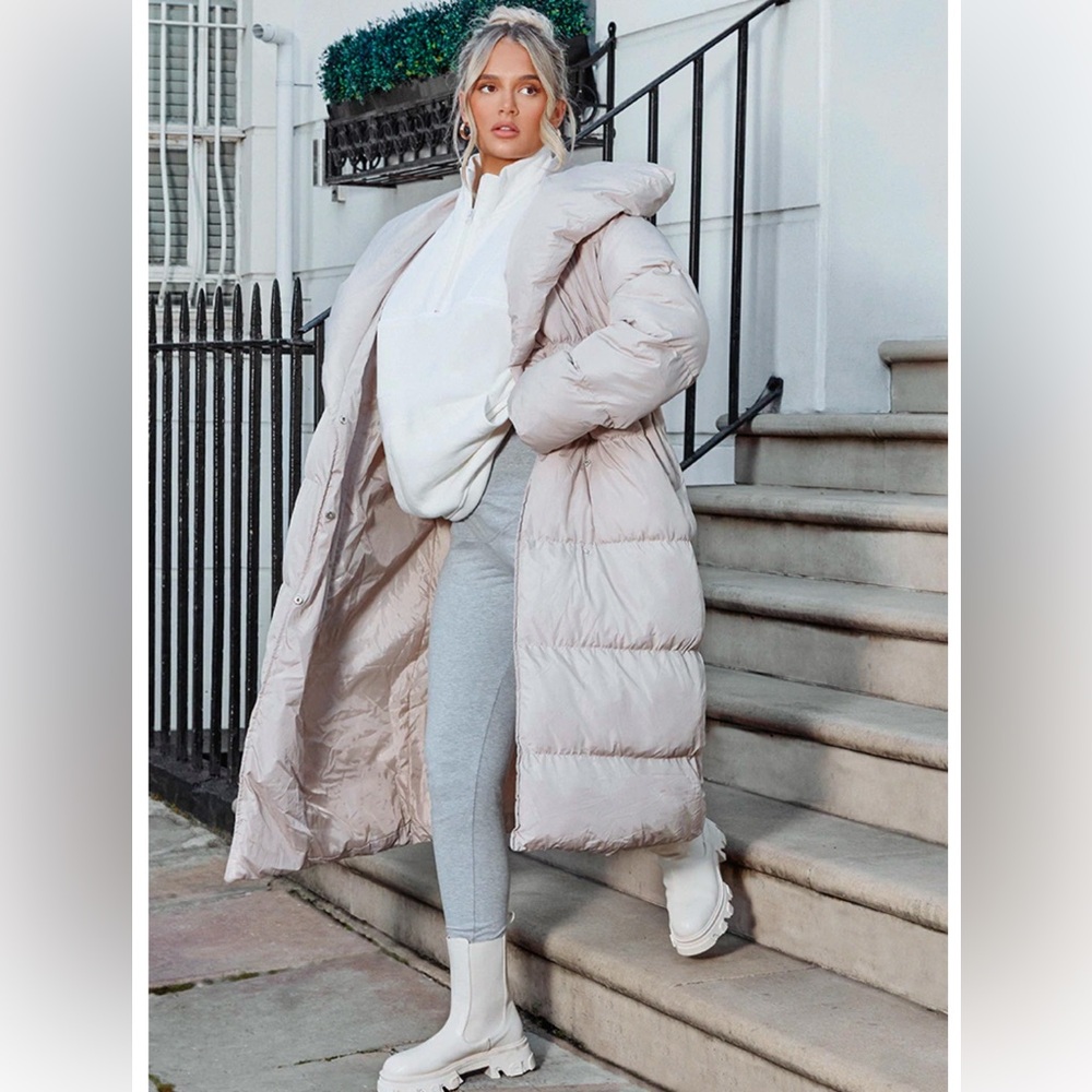 TAUPE CHEVRON QUILTED MAXI PUFFER COAT